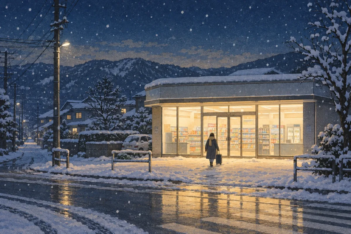 A brightly lit neighborhood convenience store on a snowy winter night, with a traveler and suitcase walking toward it