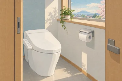 Illustration of a clean Japanese restroom with a high-tech toilet and a side control panel of buttons