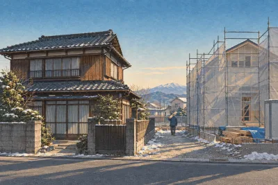 Old wooden Japanese house beside a new house under construction on a suburban street in winter