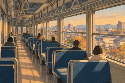 A quiet commuter train carriage in warm late-afternoon light, with a few passengers sitting calmly