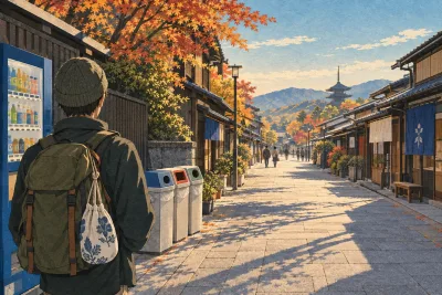 Illustration of a tidy Japanese street with a traveler seen from behind and recycling bins beside a vending machine