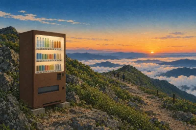A brown vending machine beside a rocky mountain trail at dawn, with a sea of clouds and small hikers in the distance