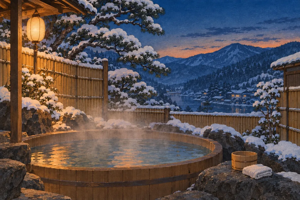 Illustration of a steaming private open-air bath at a snowy mountain inn in the evening