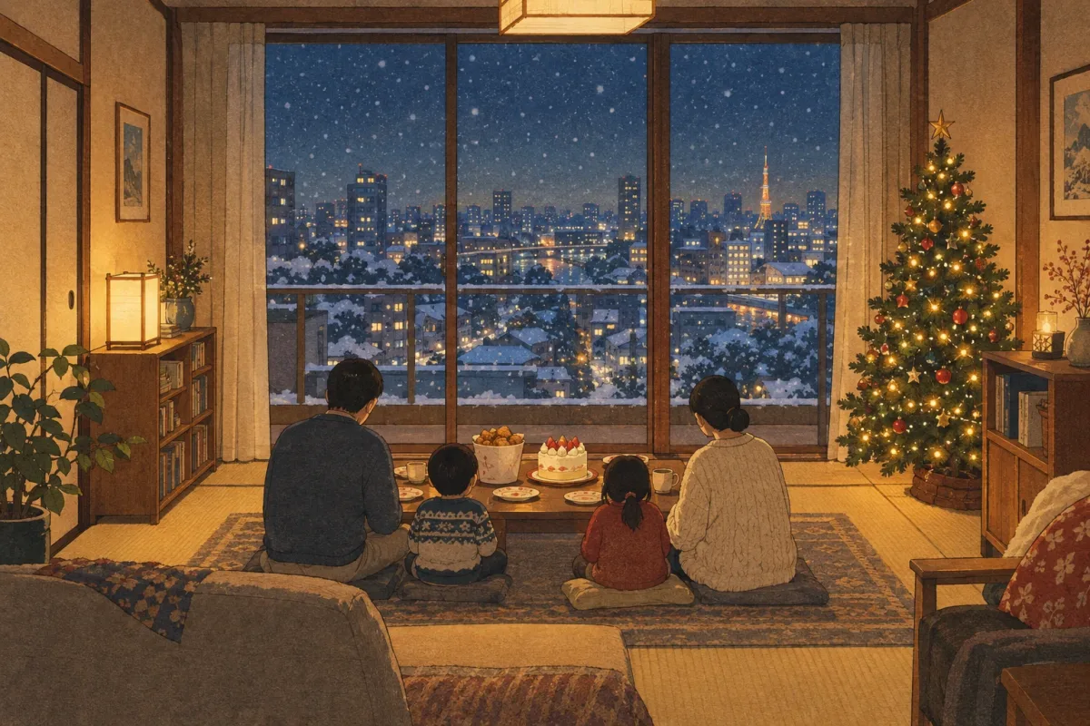 Illustration of a family gathering around fried chicken and a strawberry Christmas cake on Christmas Eve in Japan