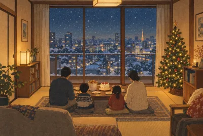 Illustration of a family gathering around fried chicken and a strawberry Christmas cake on Christmas Eve in Japan