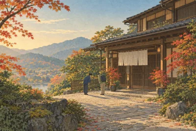 Illustration of a traveler and an inn host bowing to each other at the entrance of a traditional Japanese inn