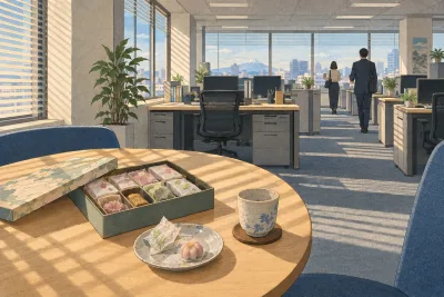 Open box of individually wrapped sweets on an office break-room table in morning light