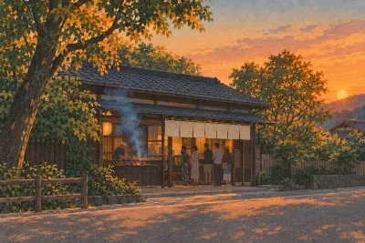Illustration of a small eel restaurant on a summer evening with smoke rising from the grill and people waiting outside