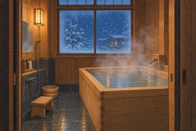 Illustration of a steaming wooden bathtub in a cozy Japanese bathroom on a snowy winter night