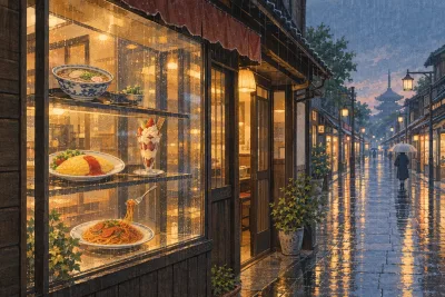 A glowing restaurant display case of realistic replica dishes on a rainy Japanese shopping street