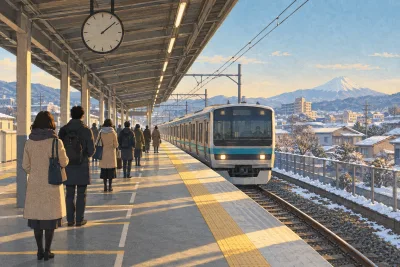 Illustration of commuters waiting in neat lines as a train arrives at a sunny Japanese station platform