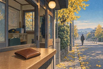 A wallet resting on the counter of a small Japanese police box on a quiet autumn street