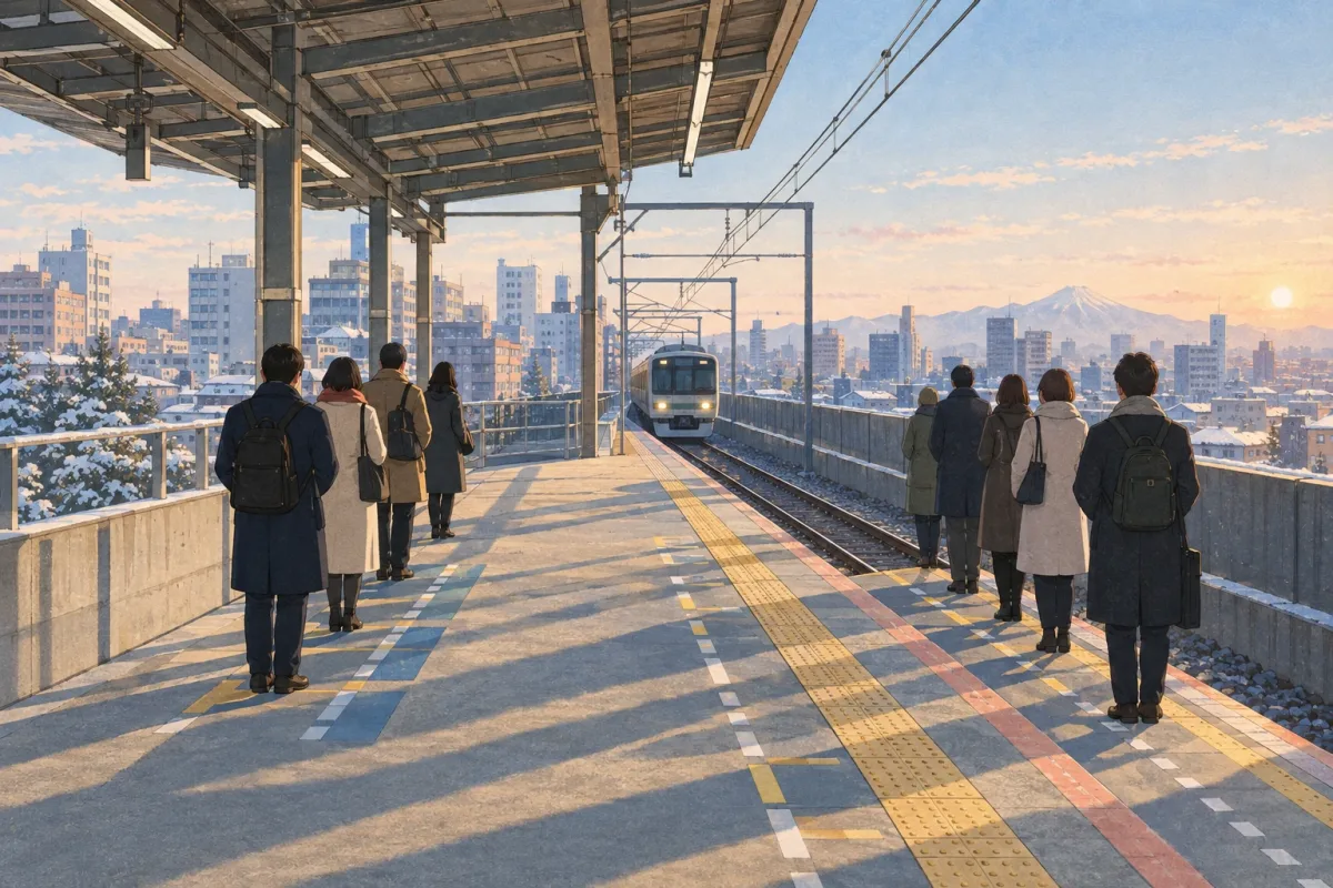 Illustration of commuters waiting in two neat lines on a Japanese train platform as a train approaches