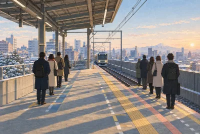 Illustration of commuters waiting in two neat lines on a Japanese train platform as a train approaches