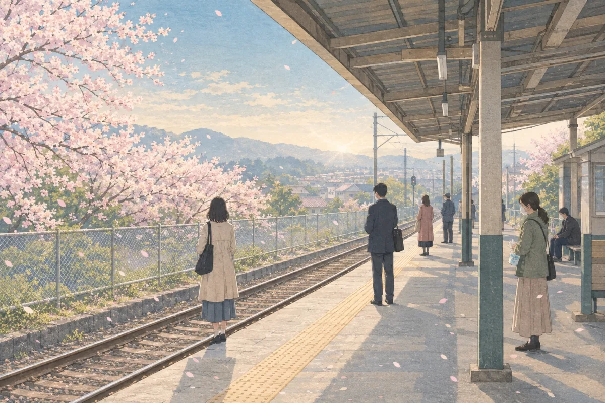 Illustration of commuters, some wearing white face masks, waiting on a Japanese platform in spring