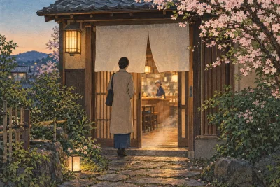 Visitor seen from behind entering a small Japanese eatery through a cloth curtain on a spring evening