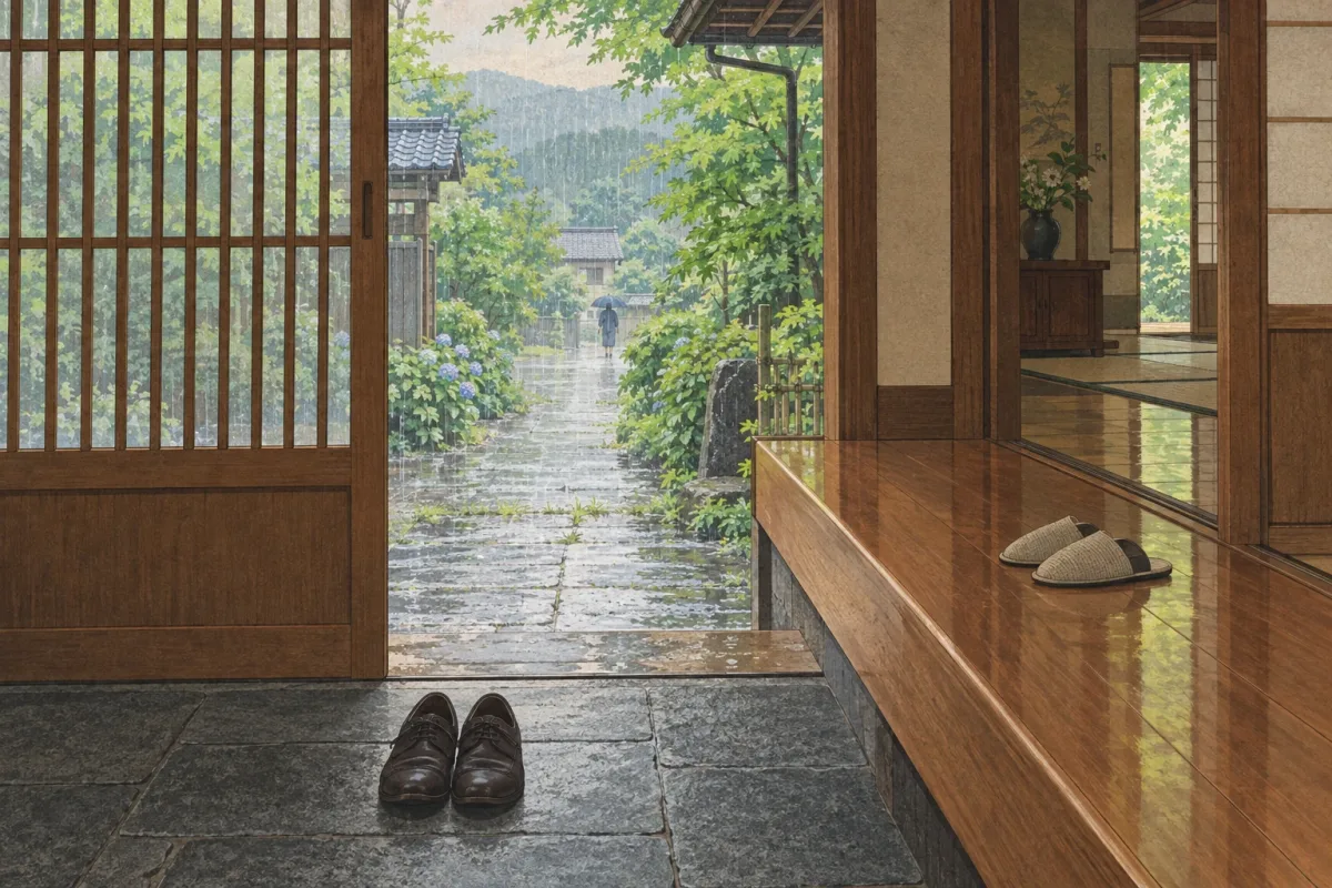A Japanese entryway with shoes lined up on the stone floor below a wooden step and slippers waiting on the raised floor