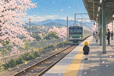 A small schoolchild with a square backpack waiting alone for a train on a spring morning platform