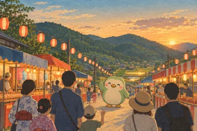 A round costumed mascot waving to a small crowd at a lantern-lit summer festival in a Japanese town