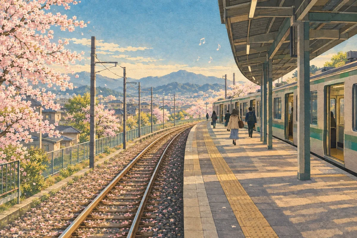 Illustration of a Japanese train platform in spring with musical notes floating above a waiting train