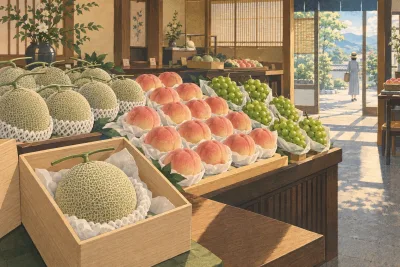 Rows of perfectly shaped melons, peaches and grapes displayed like jewels in a Japanese fruit shop
