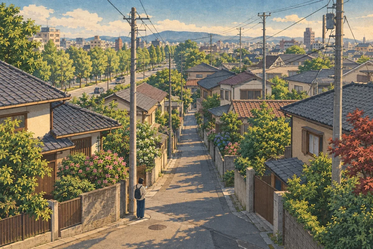 Illustration of narrow lanes between houses in a Japanese neighborhood, with a traveler checking a map at a corner