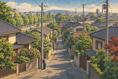 Illustration of narrow lanes between houses in a Japanese neighborhood, with a traveler checking a map at a corner
