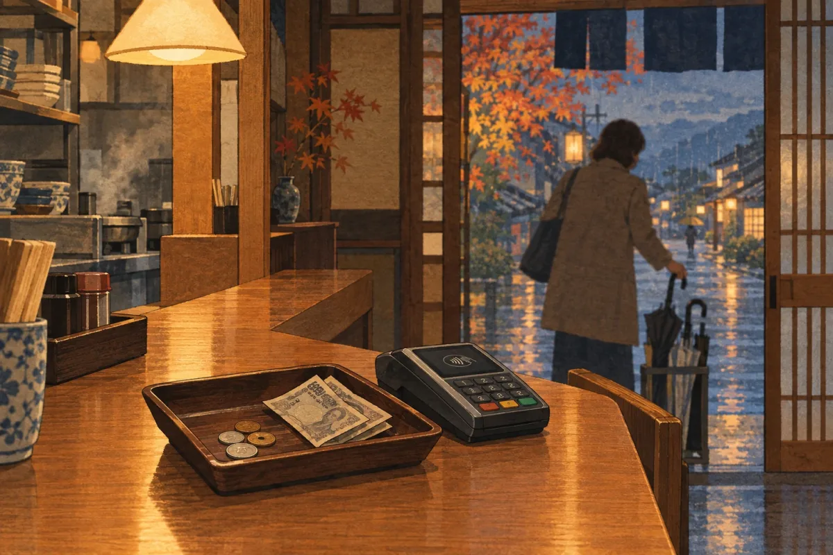 Coin tray with cash beside a card terminal on a wooden restaurant counter on a rainy evening