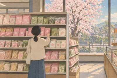 Illustration of a convenience store shelf full of pink cherry blossom themed snacks in spring