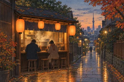 Two people seen from behind eating noodles at a steamy, lantern-lit soba stall on an autumn evening
