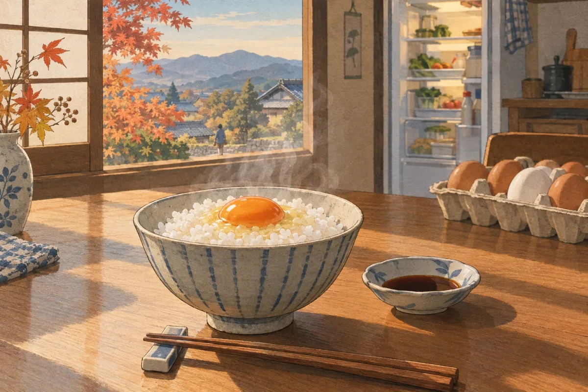 Bowl of rice topped with a raw egg yolk and soy sauce on a kitchen table in morning light