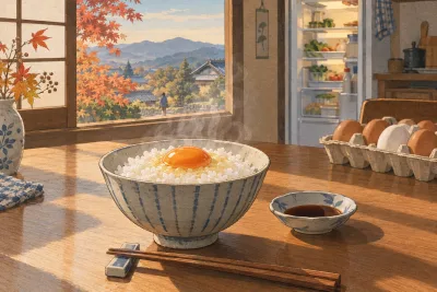 Bowl of rice topped with a raw egg yolk and soy sauce on a kitchen table in morning light