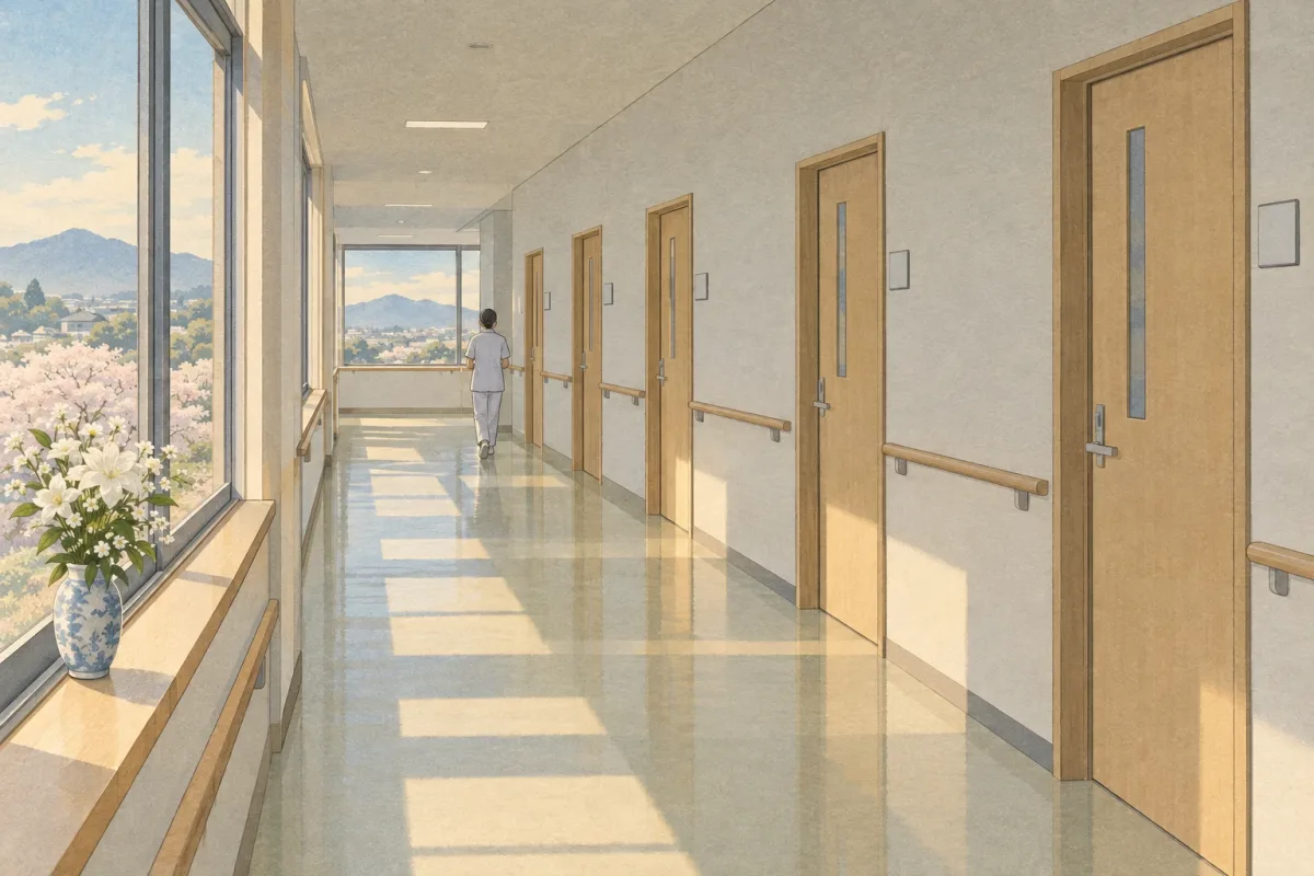 Illustration of a calm hospital corridor with a row of doors, one number in the sequence quietly skipped