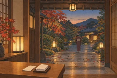Illustration of a traditional Japanese inn entrance with a small paper envelope on the counter at dusk