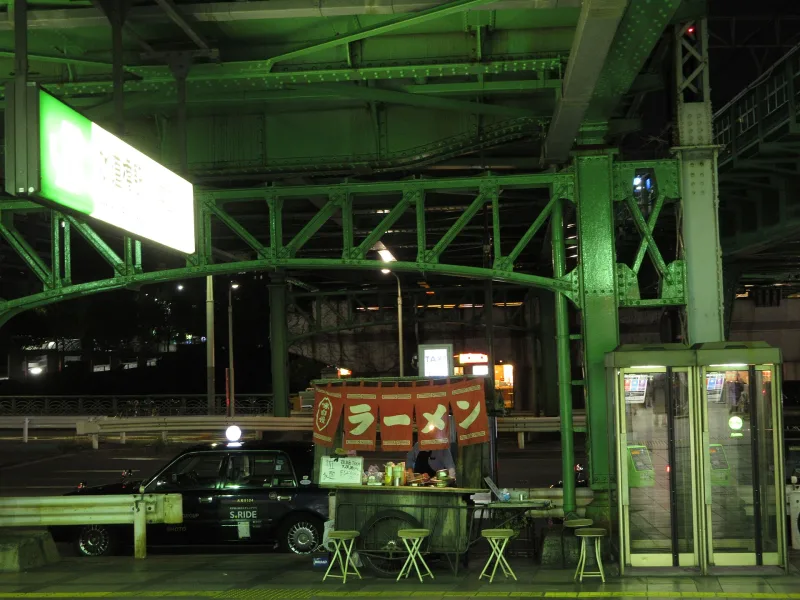 A small ramen stall with stools set up at night under a railway bridge in Tokyo