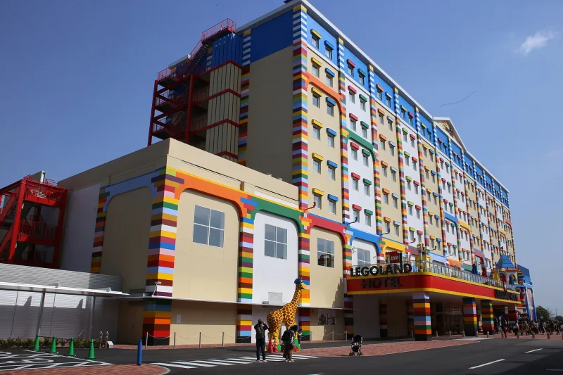 Multicoloured facade of the LEGOLAND Japan Hotel next to the park in Nagoya