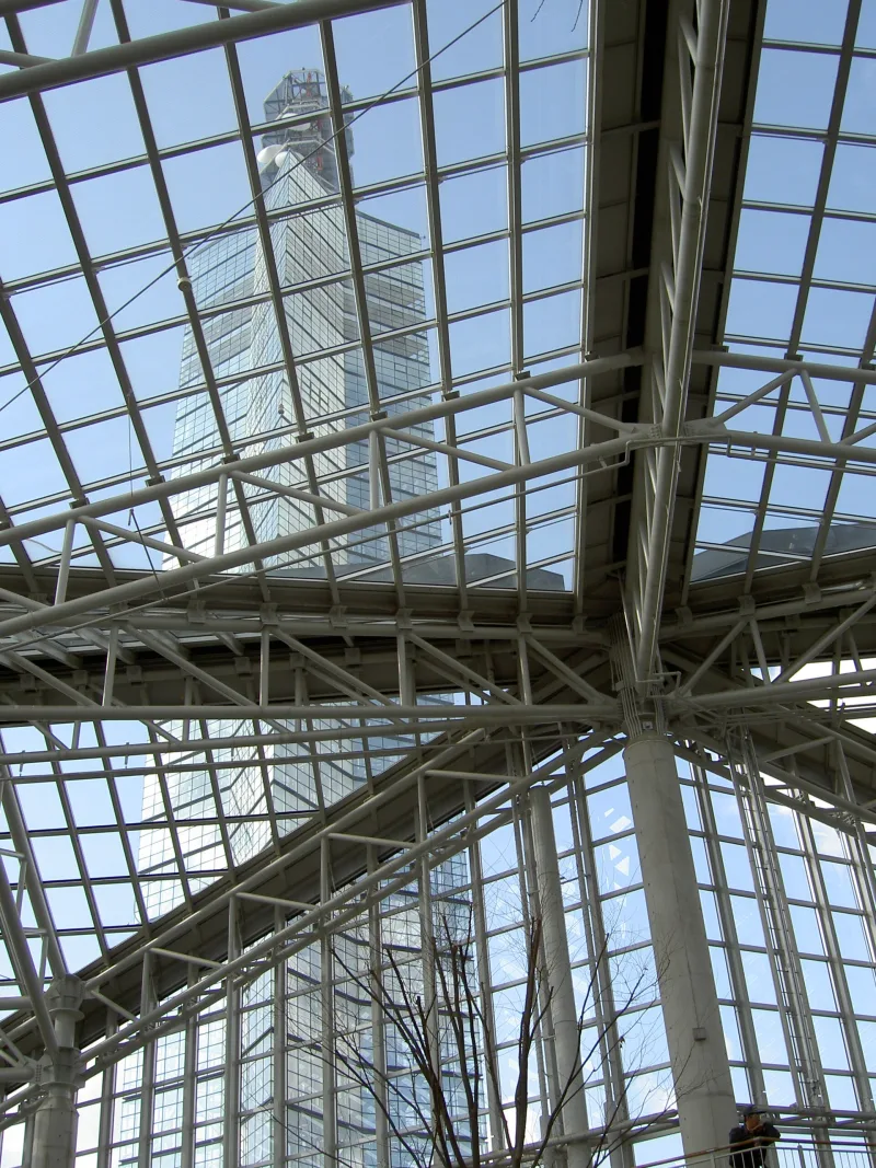 The tower seen through the glass roof of the Selion Lista indoor garden