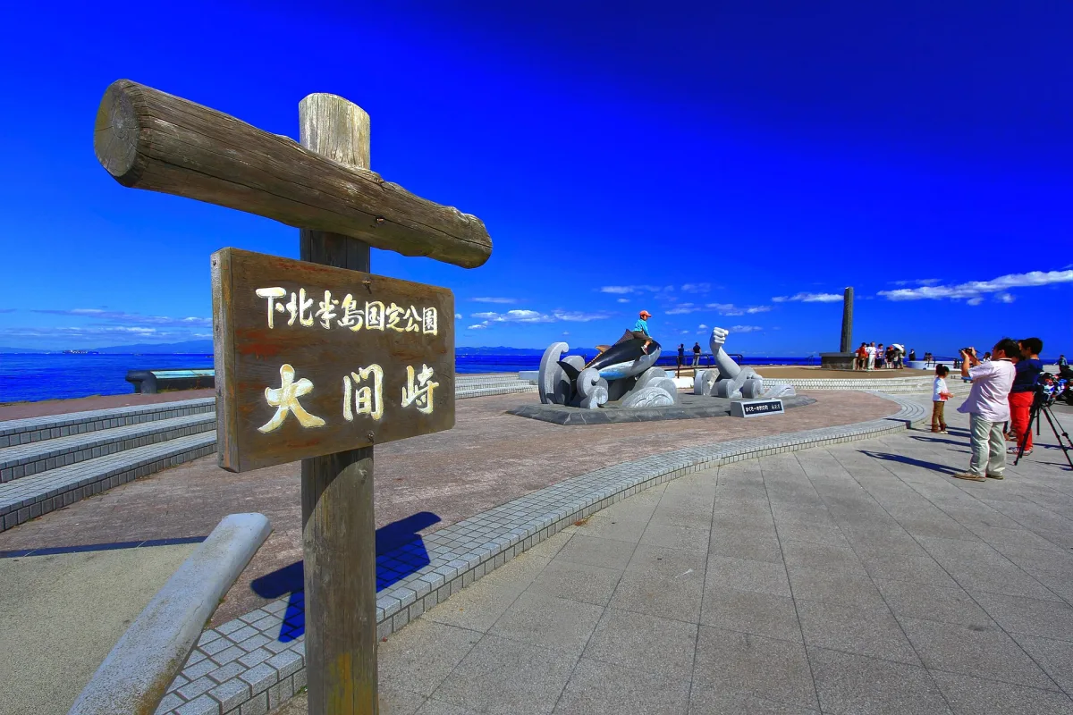 Wooden Cape Oma sign on the seafront promenade, with the tuna monument behind it