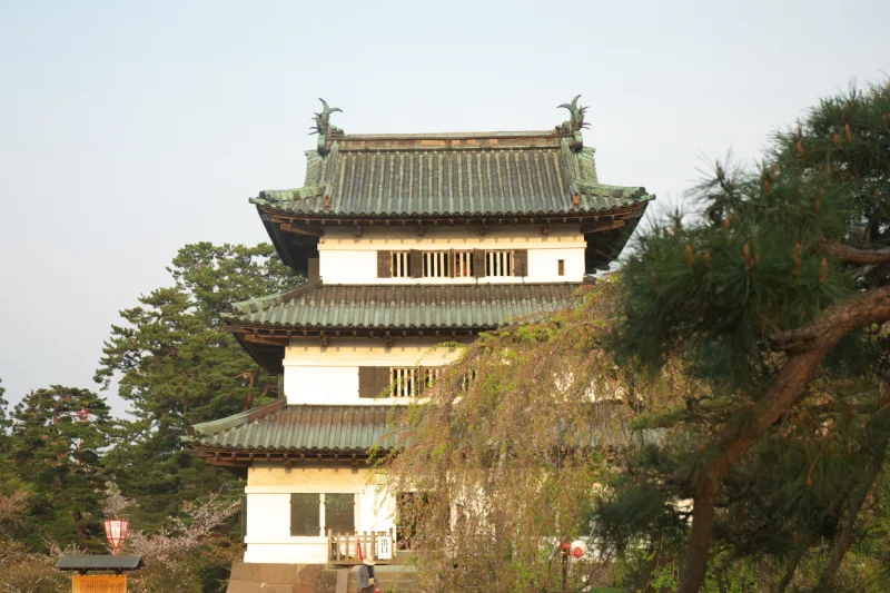 Hirosaki Castle keep seen from the inner citadel, framed by pine trees