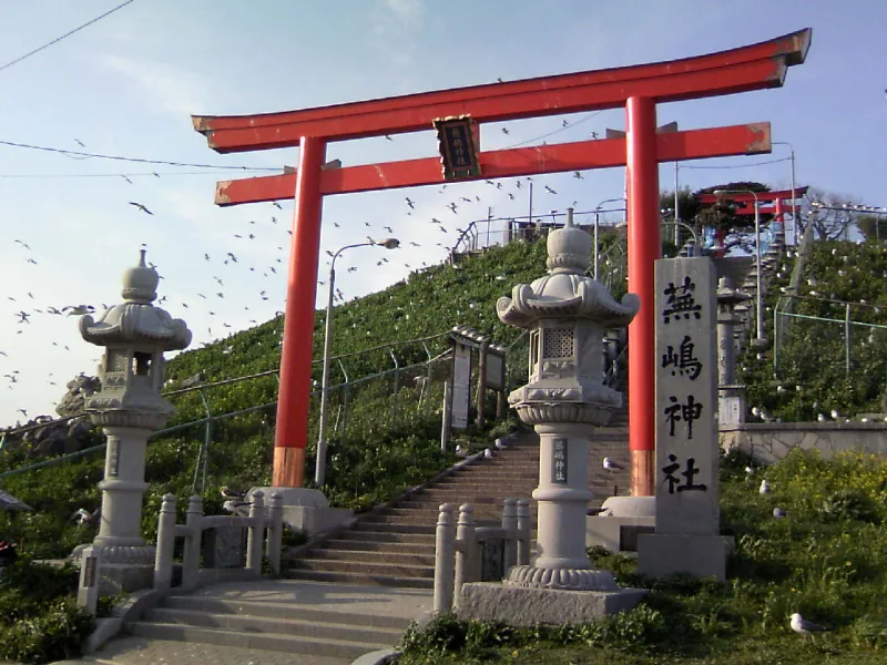Red torii gate and stone lanterns at the foot of the steps up to Kabushima Shrine, with gulls overhead