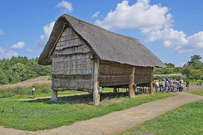 Reconstructed raised-floor storehouse with a thatched roof at the Sannai-Maruyama Site