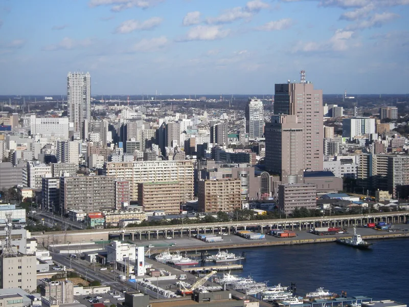 View from Chiba Port Tower over the harbour and high-rise buildings of central Chiba
