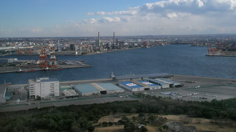 View from Chiba Port Tower over Tokyo Bay industrial port toward Ichihara