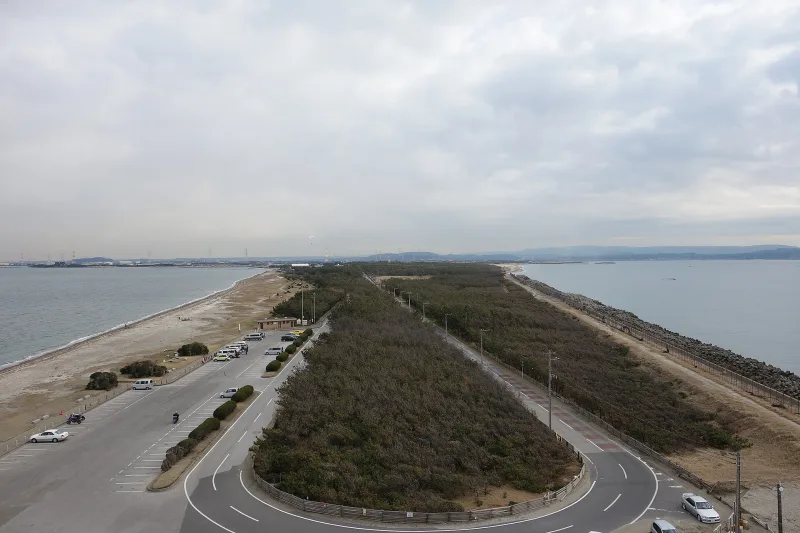 View from the tower along the narrow Futtsu Cape with roads, pine woods and sea on both sides