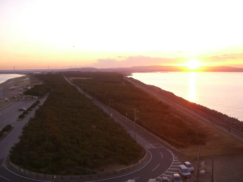 Sun low over Tokyo Bay seen from the top of Futtsu Cape, with the pine-covered cape below