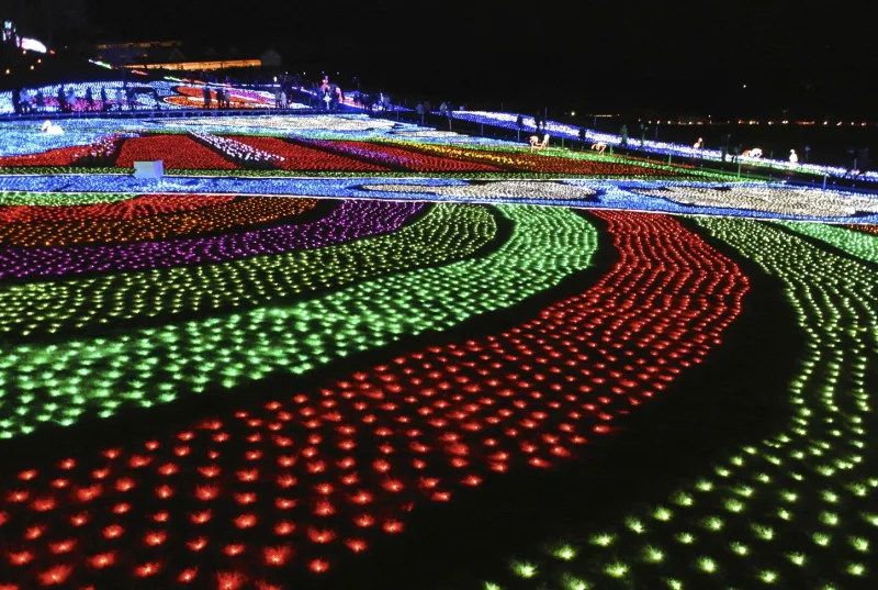 Colourful winter light display covering the lawns of Tokyo German Village at night