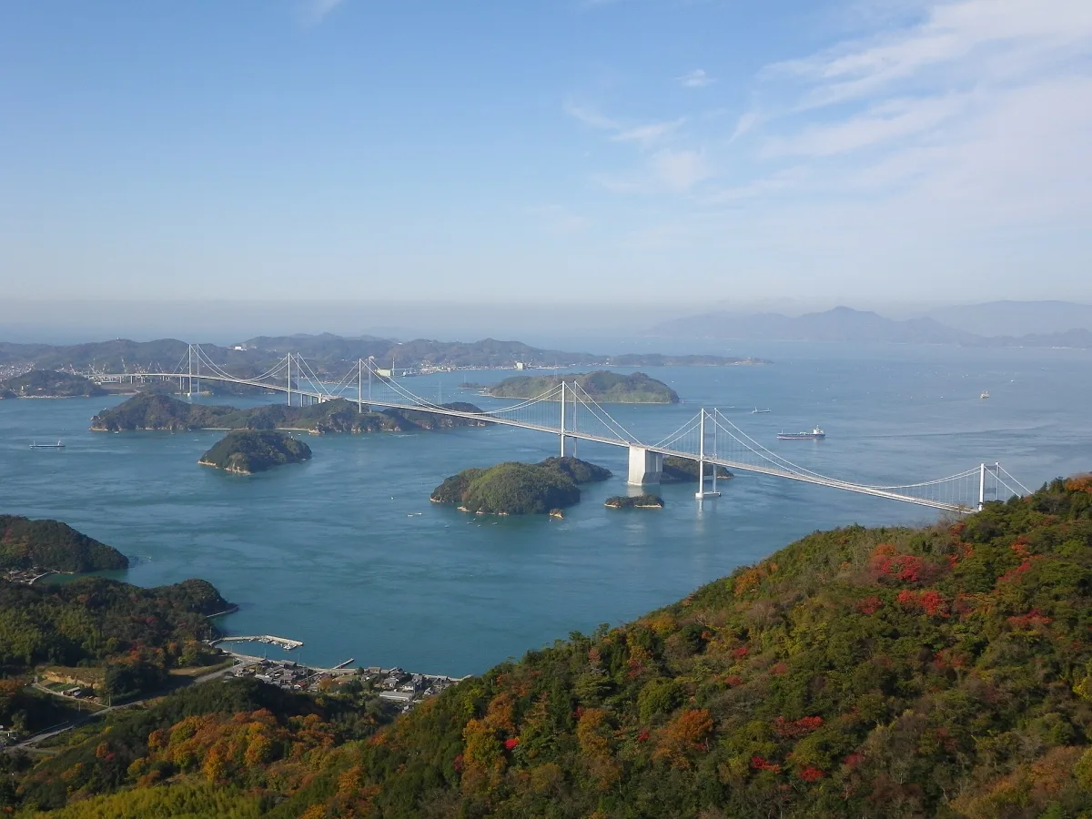 Kurushima Kaikyo Bridge and small islands seen from the top of Mount Kiro