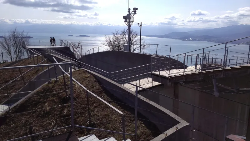 Concrete and timber walkways of the Kirosan observatory on the mountaintop