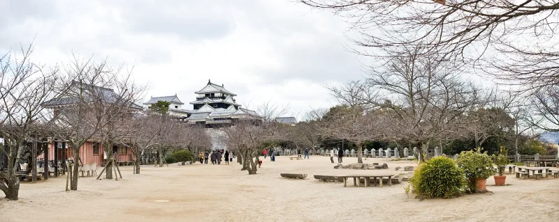 The castle keep seen across the wide main courtyard lined with bare cherry trees