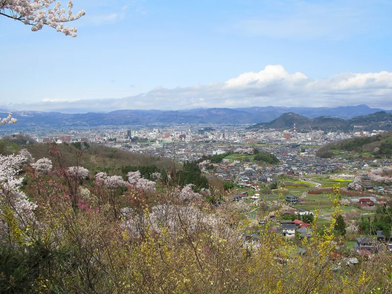 View over Fukushima city and basin from Hanamiyama with spring blossoms in front